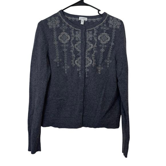 Garnet Hill 100% Cashmere Button Down Embroider Cardigan Size L Gray Minimalist - Picture 1 of 8